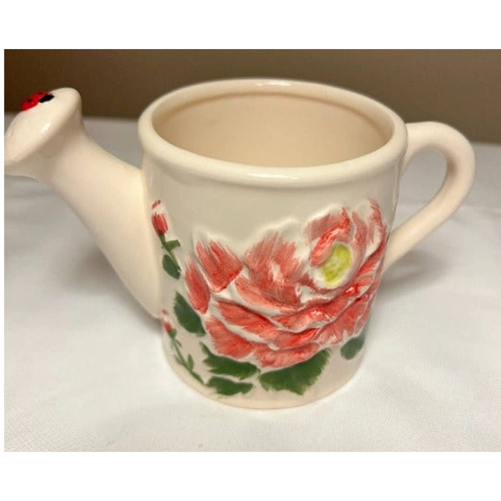 Rare Pink Rose and Ladybug Watering Mug Holes‎ in Spout to Pour Coffee